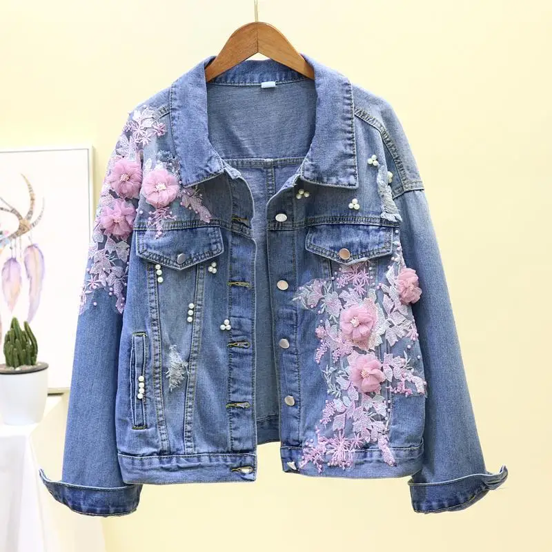 

Women's Denim Jacket Embroidery Three-dimensional Floral Jeans Jacket Spring Autumn Beading Pearl Ripped Hole Bomber Outerwear