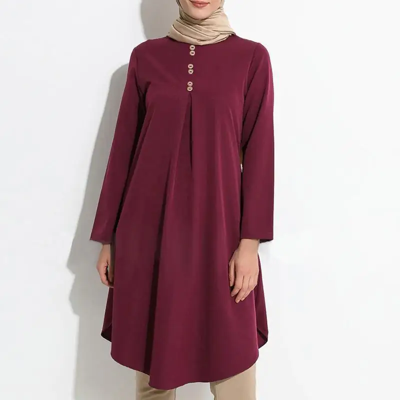 Saudi Arabia Middle East Long Sleeve Women Dresses with Botton Dubai Turkey Mubarak Solid Color Casual Loose Female Blouse