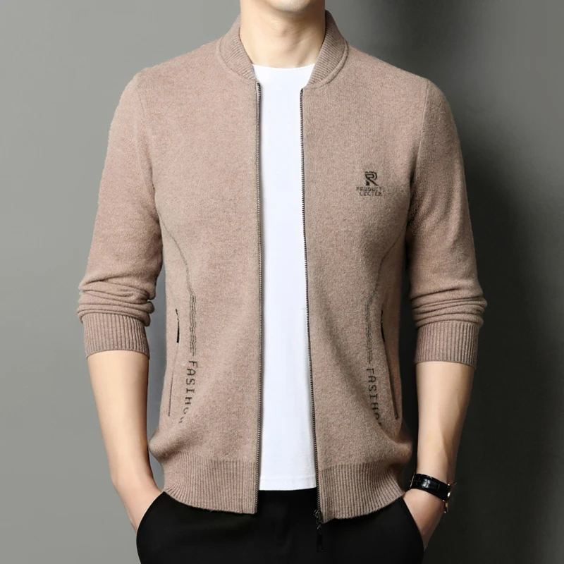

Кардиган мужской из 100% шерсти, верхняя одежда, Бейсбольный воротник, деловой Повседневный осенний плотный вязаный свитер на молнии с надписью для мужчин
