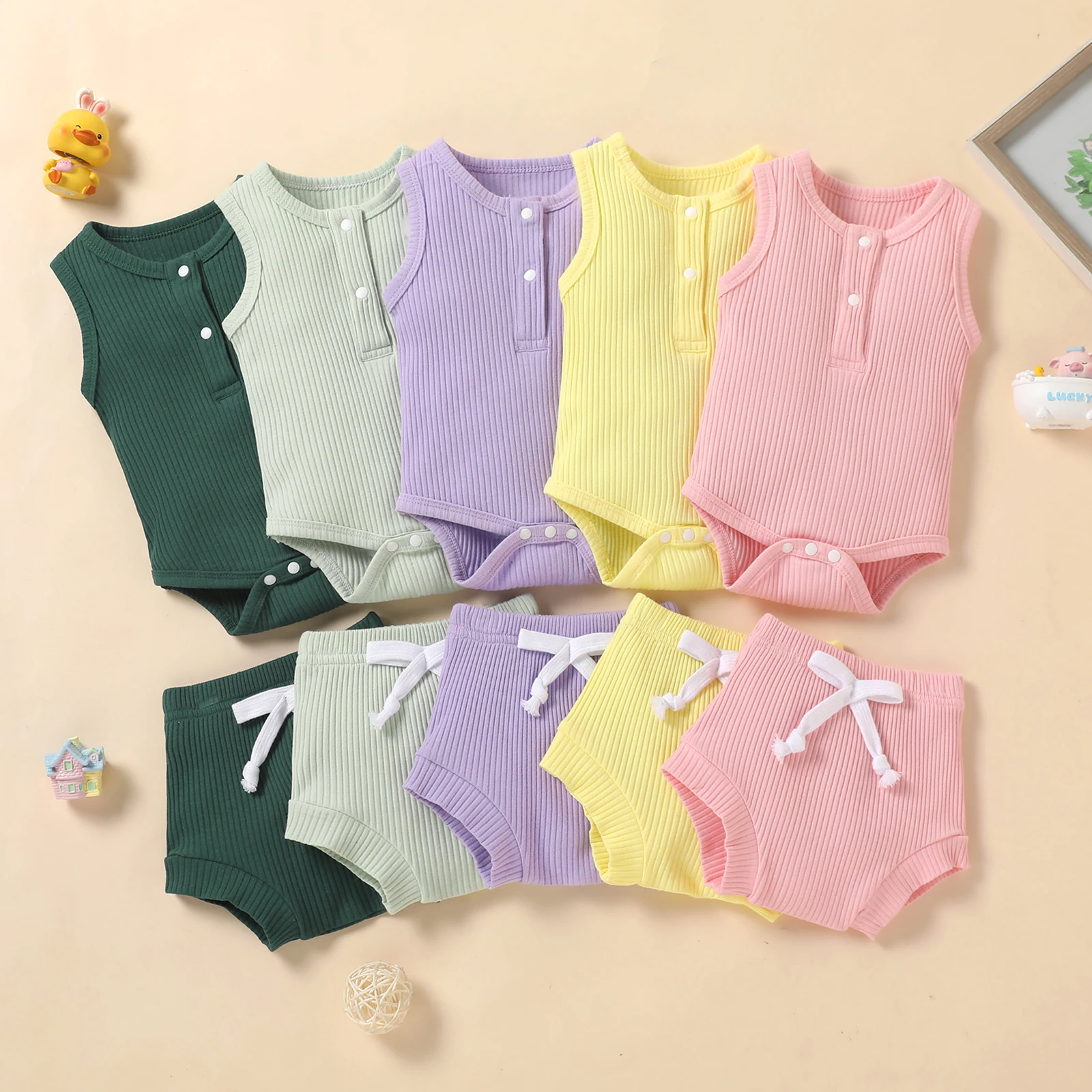 

Infant Kids Baby Girls Boys Clothing Summer Cotton Suit Solid Color Sleeveless Triangle Bodysuit High Waist Bowknot Shorts
