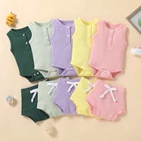 infant kids baby girls boys clothing summer cotton suit solid color sleeveless triangle bodysuit high waist bowknot shorts