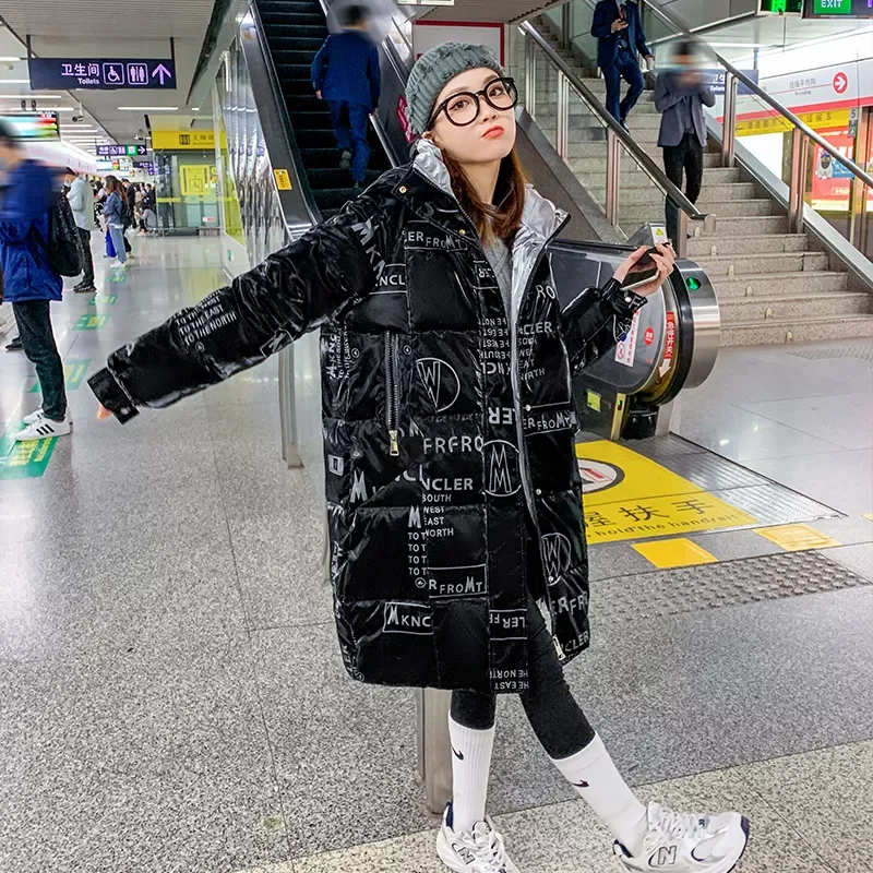 New2022 Womens Thick Long Parkas Letter Print Loose Casual Winter Jacket Korean Style Puffer Coat Streetwear for Female Fashion
