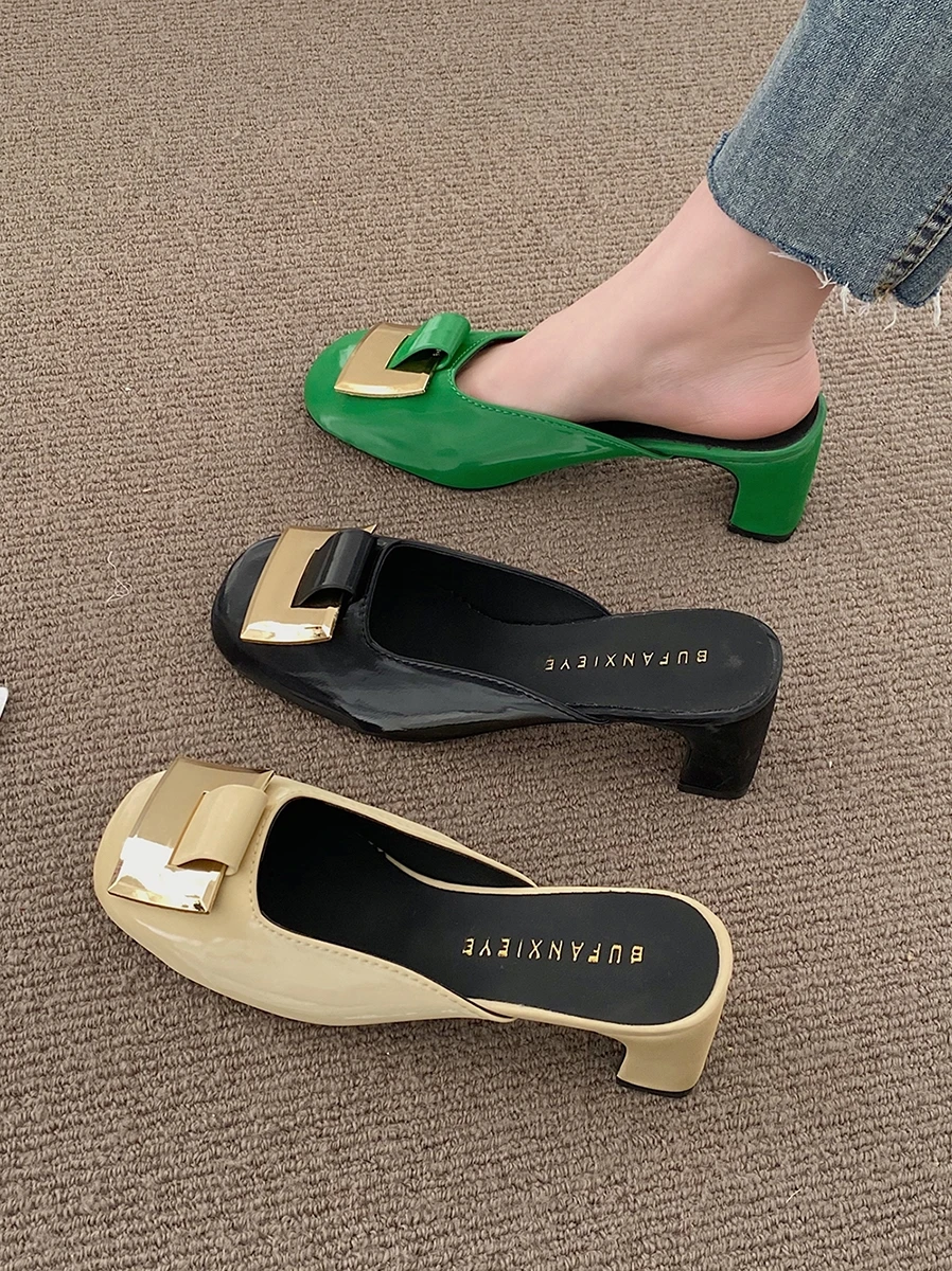 

High-Heeled Shoes Lady Slippers Casual Slipers Women Med Square heel Rivet Slides Female Mule Cover Toe Luxury 2022 Block Mules