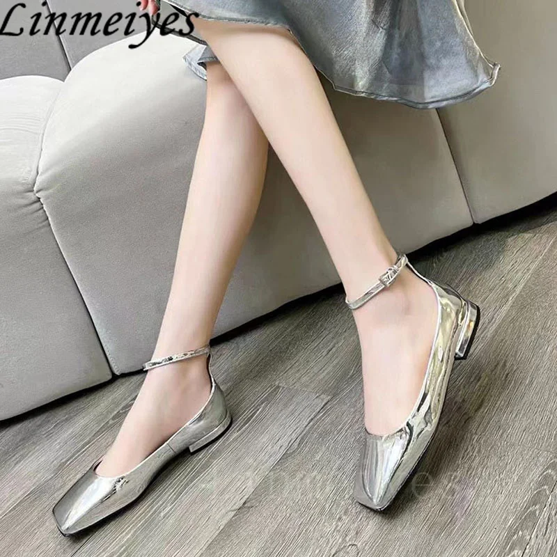 Square Toe Flat Shoes Woman Patent Leather Ankle Buckle Strap Loafers Ladies Fashion Comfort Walk Shoes Runway Shoes For Women