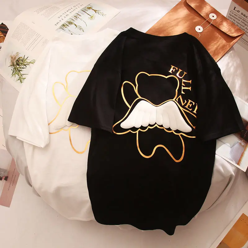 

Футболка женская с принтом медвежьих крыльев, модный свободный хлопковый топ с коротким рукавом в Корейском стиле, летняя одежда в стиле Ха...