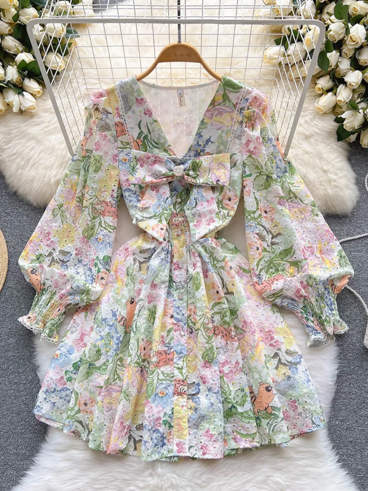 

FTLZZ Autumn Elegant Women V-neck Bow Puff Sleeve Short Dress Vintage Floral Print Dress Office Lady Empire Slim A-line Dress