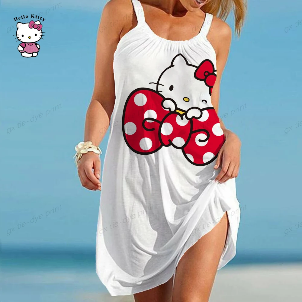 

Womens Summer Sleeveless Round Neck Plain T-Shirt Dress Hello Kitty Printing Pleated Swing Casual Loose Pullover Streetwear
