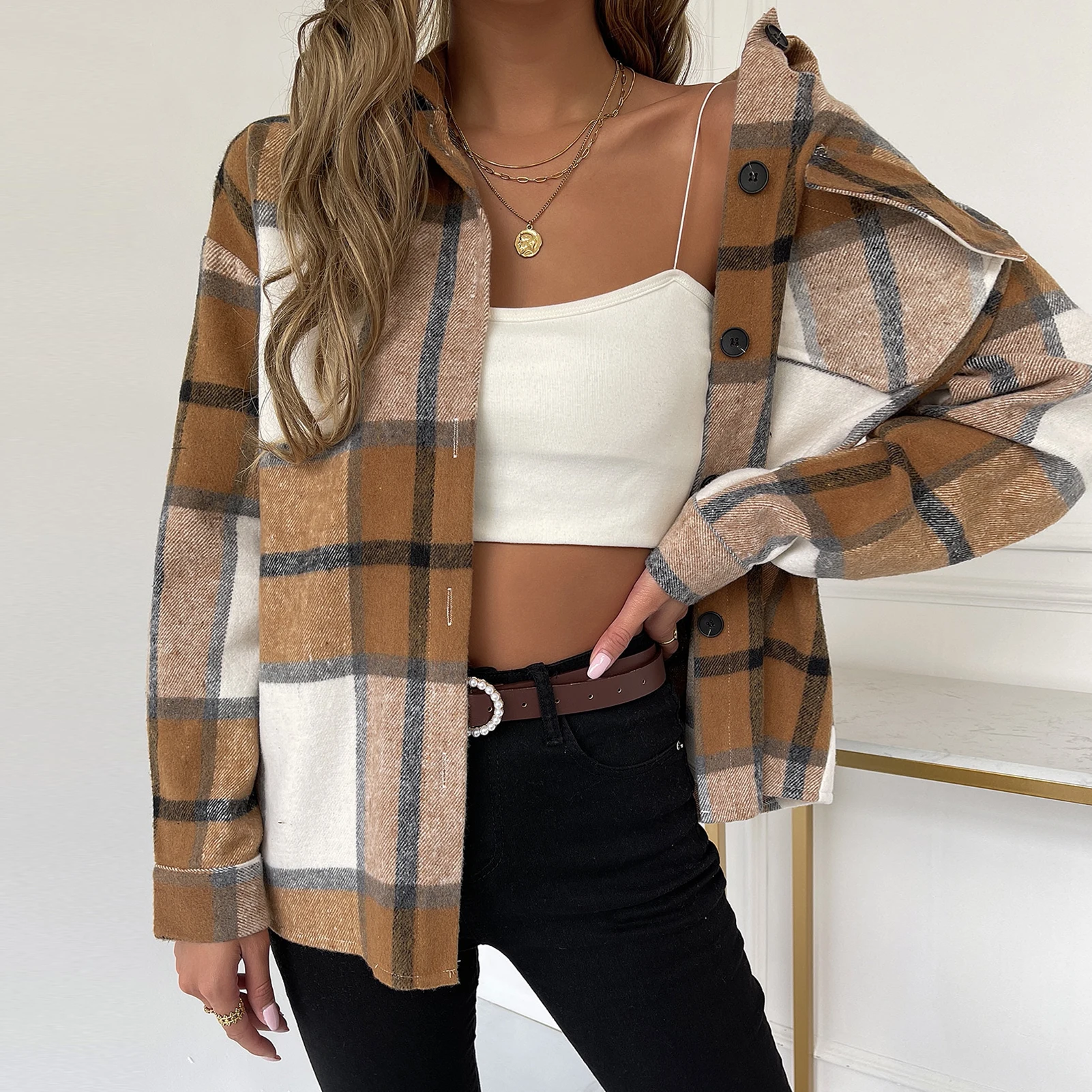

Baggy Check Tee Shirt Women Single Breasted Ladies Shirt Blouses with Pocket Long Sleeve Loose Fit Vintage Style Daily Outfit