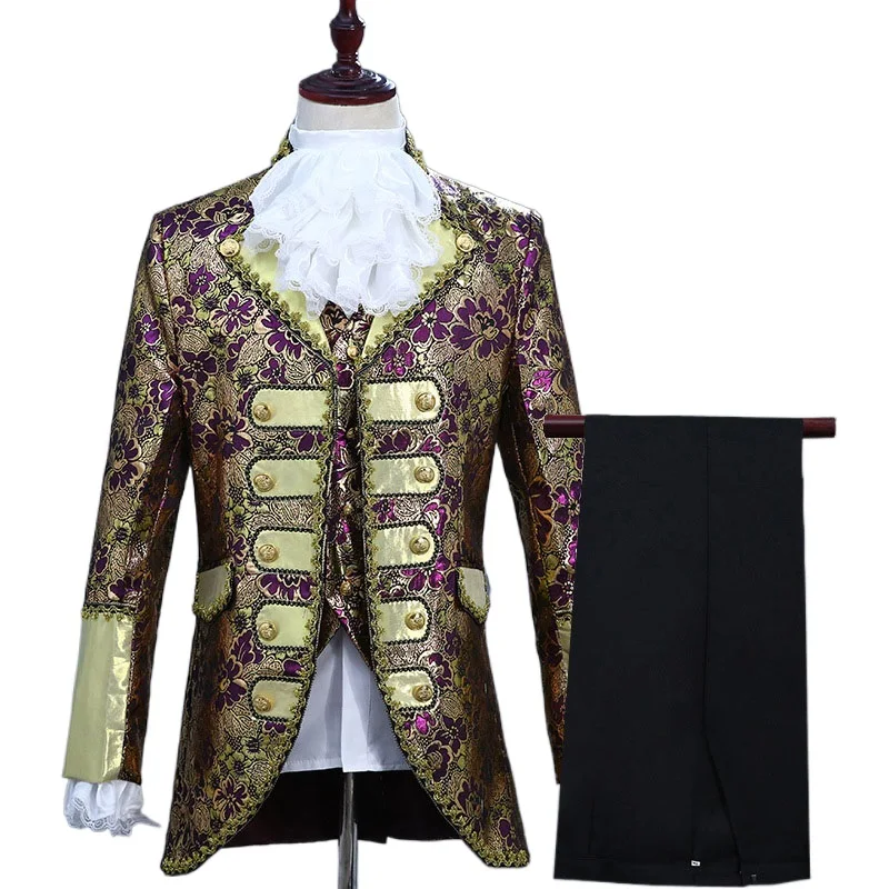 

3 Pieces Set (Jacket+Vest+Pants) Suit Men Party Wedding Tuxedo Suits Men Stage Host Singer Clothes Middle Ages Costume Homme XL