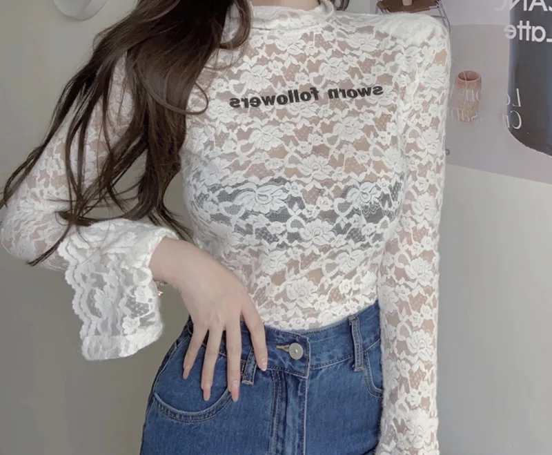 Women's Blouse Half High Collar Lace Autumn And Winter Design Sense Of Embroidery Letter Tight Outside Rachel | Женская одежда