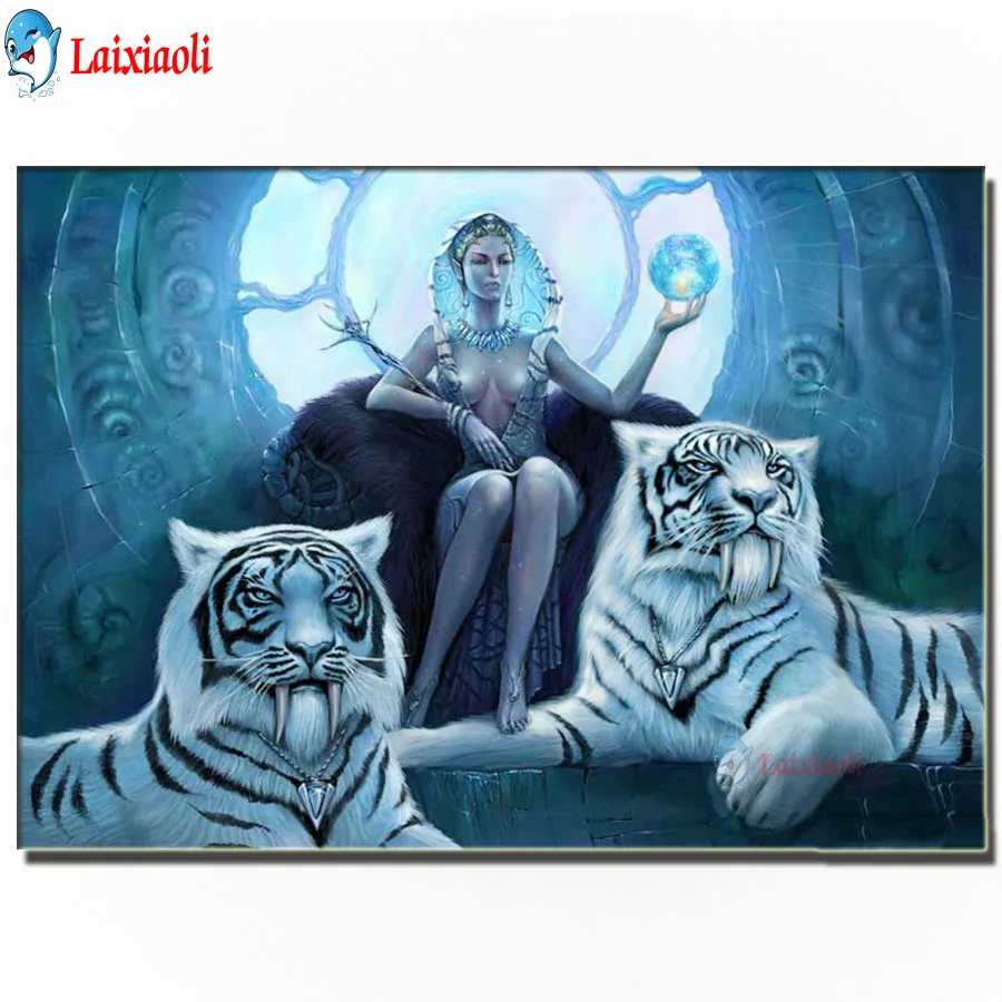 

Алмазная живопись с изображением двух тигров и девушек, Алмазная мозаика, наборы для вышивки крестиком, королева Египта, домашний декор, рож...