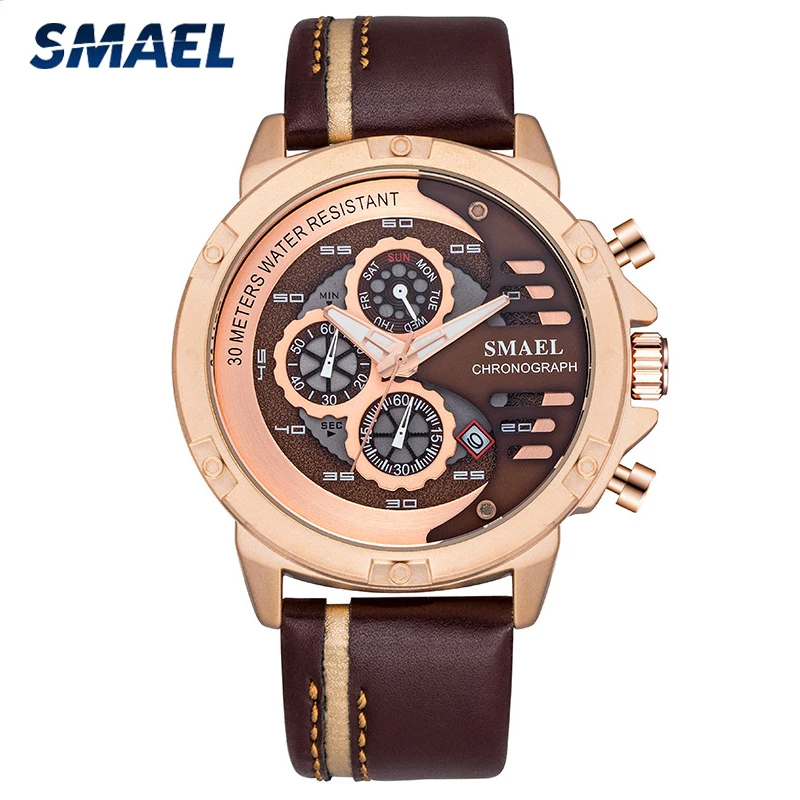 

SMAEL New Watch Men Fashion Casual Quartz Watches 12/24H Day and Date Display Wrist Watch Leather Waterproof Relogio Masculino