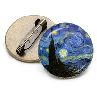 new retro van gogh starry sky sunflower works glass cabochon metal brooch men and women backpack gift jewelry