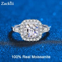 Rhodium Plated Sterling Silver Asscher Cut Moissanite Ring Diamond Statement 3 Stone Anniversary Wedding Band Engagement Rings