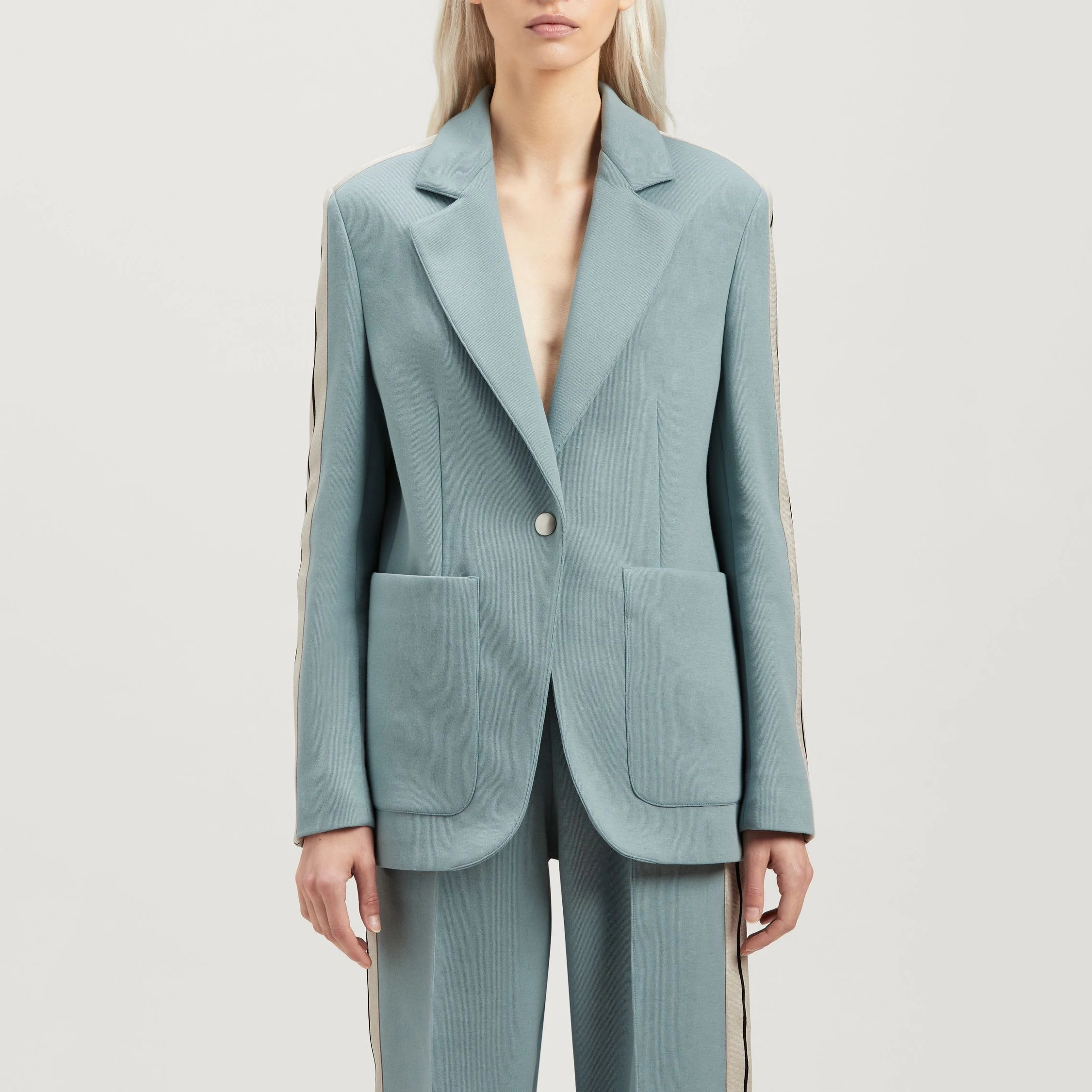 

Женский трикотажный блейзер с длинным рукавом, голубой Свободный Повседневный блейзер в полоску в стиле пэчворк, Осень-зима 2023