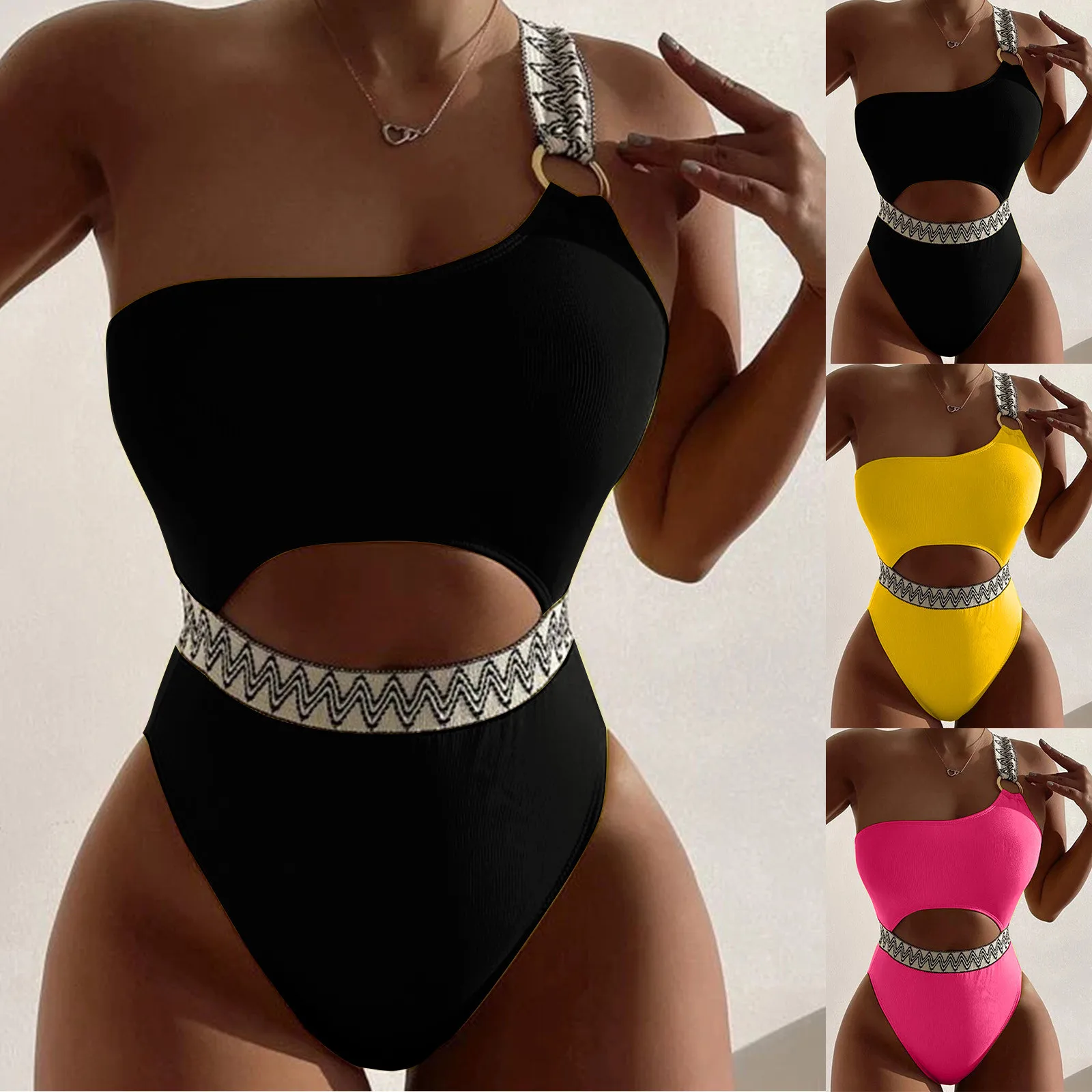 

Women One Shoulder Sexy Swimsuit Set Waist Hollow Solid Splice Bikini Swimsuit Set Sexy Yoga Shorts