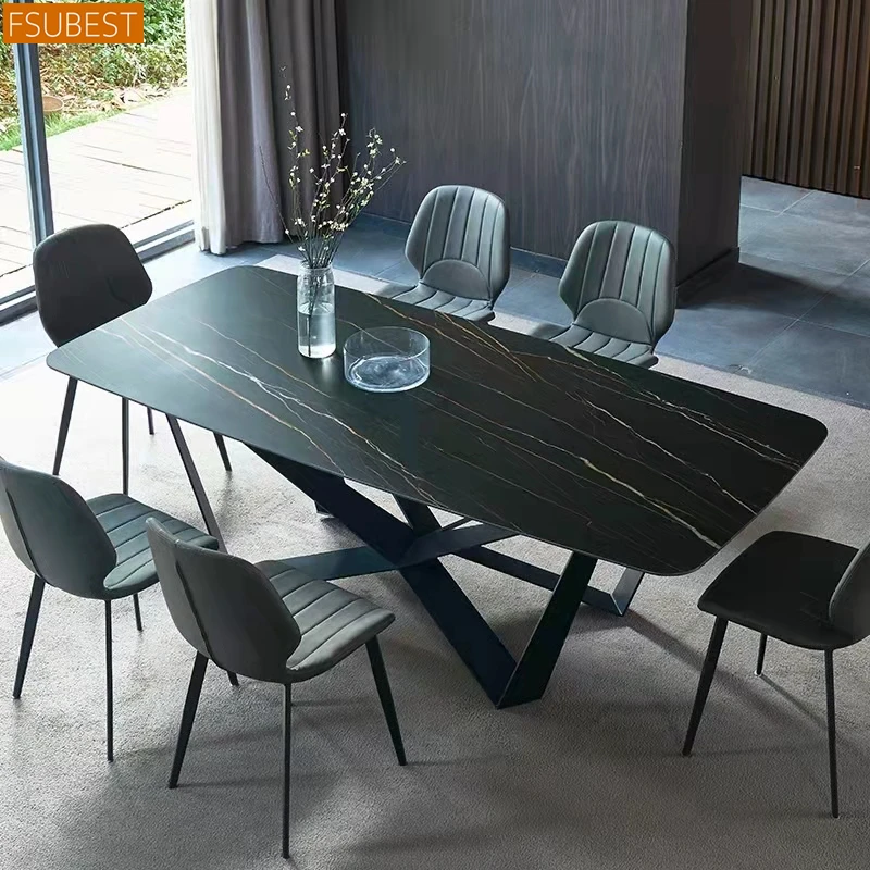 

FSUBEST Ltalian Minimalism Marble Dining Tables Chairs Set Carbon Steel Feet Base Mesa De Jantar Mesa 6 Cadeiras Sillas Comedor