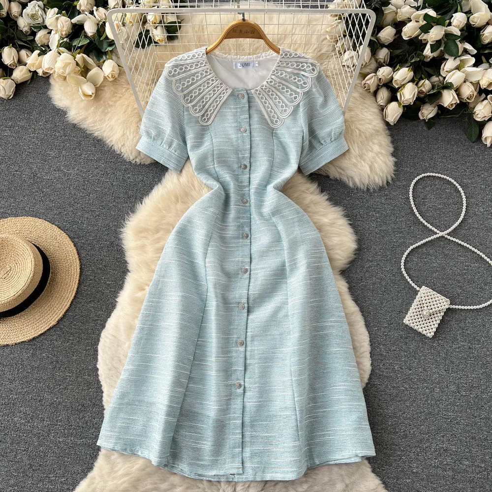 Striped Short-sleeved Dress for Summer Women's New Fashion Doll Collar Slim Single Breasted Elegant Clothes Vestidos F675