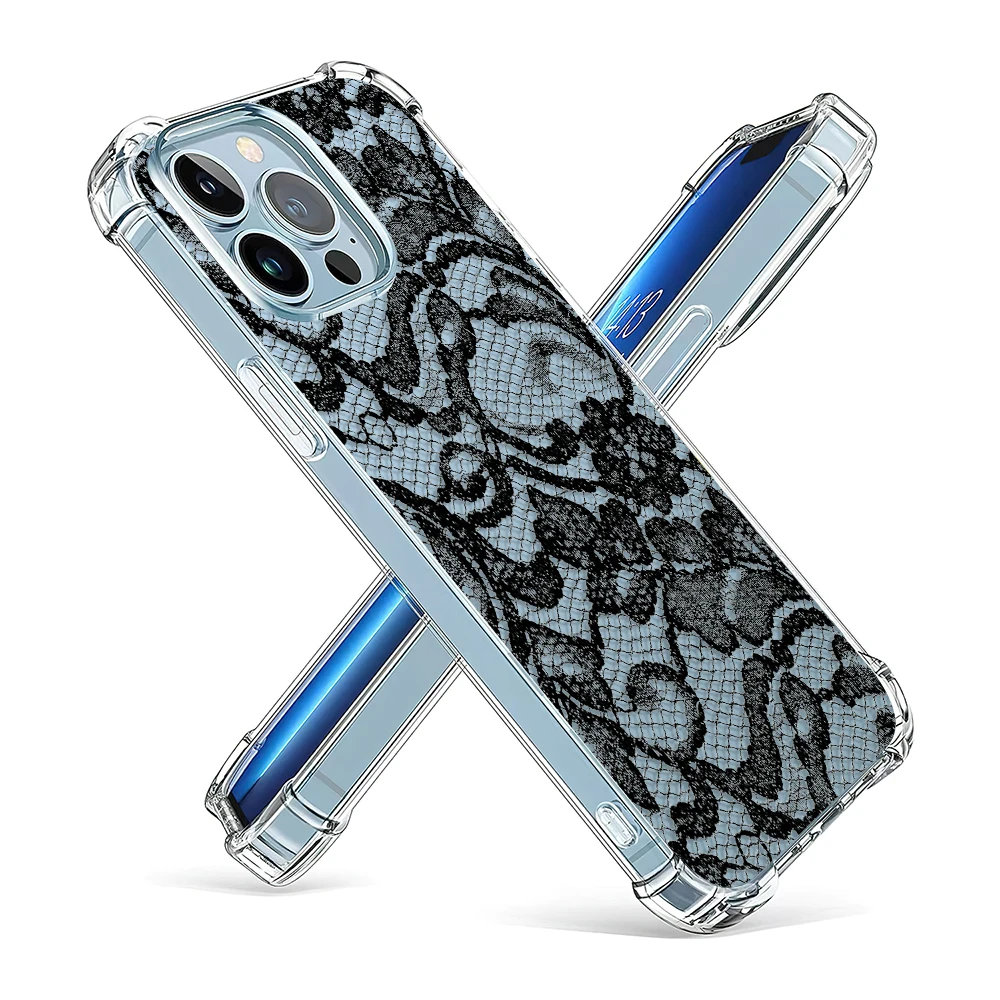 Фото Чехол для телефона с черным кружевом для iPhone 15 14 13 12 11 Pro X XS XR Max 7 8 Plus SE 2 3 Mini, Мягкий Прозрачный ударопрочный чехол из ТПУ №2