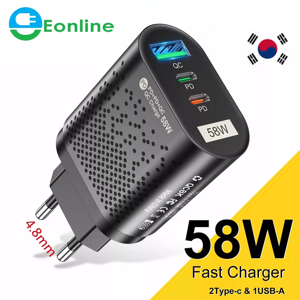 EONLINE 58W Type C PD USB Charger Fast Charging QC PD 3.0 Mobile Phone Charger EU US UK KR For iphone ipad Samsung Huawei