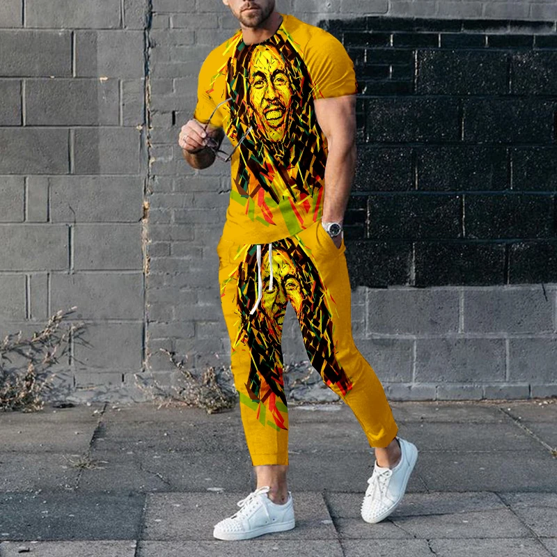 2023 New Arrivals BoB Marley Men's Pants Tracksuit 2-Pack Printed Summer Short Sleeve T-Shirt + Pants Street Unisex Clothes
