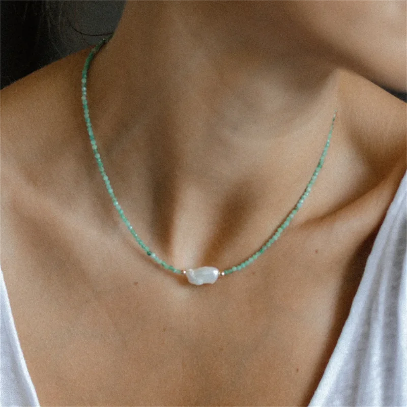 

14K Gold Filled Emerald Necklace Personalized Baroque Pearl Handmade Dainty Choker Tarnish Resistant Jewelry Boho Necklace