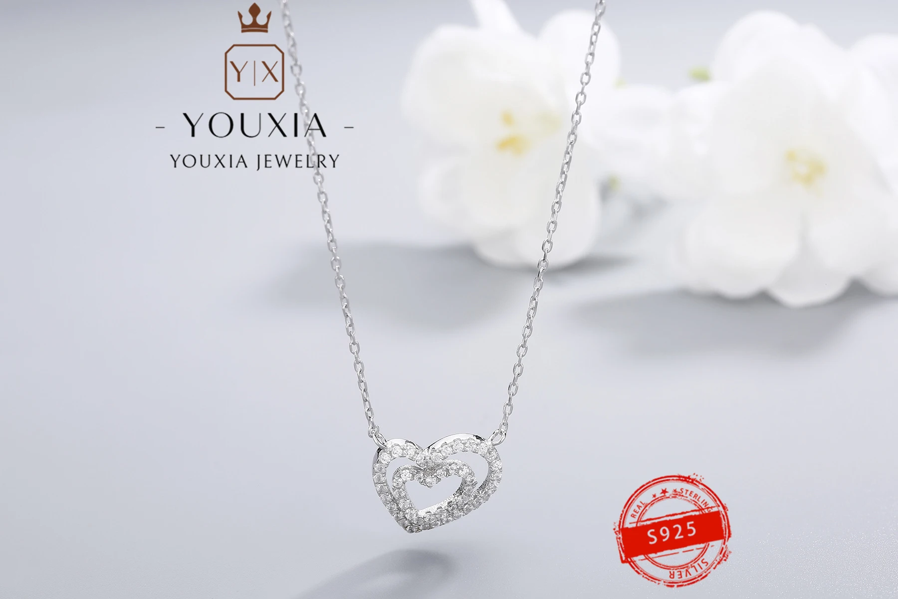 hot selling own brand diy925 silver senior double heart full diamond design party banquet fashion personality ladie high jewelry free global shipping