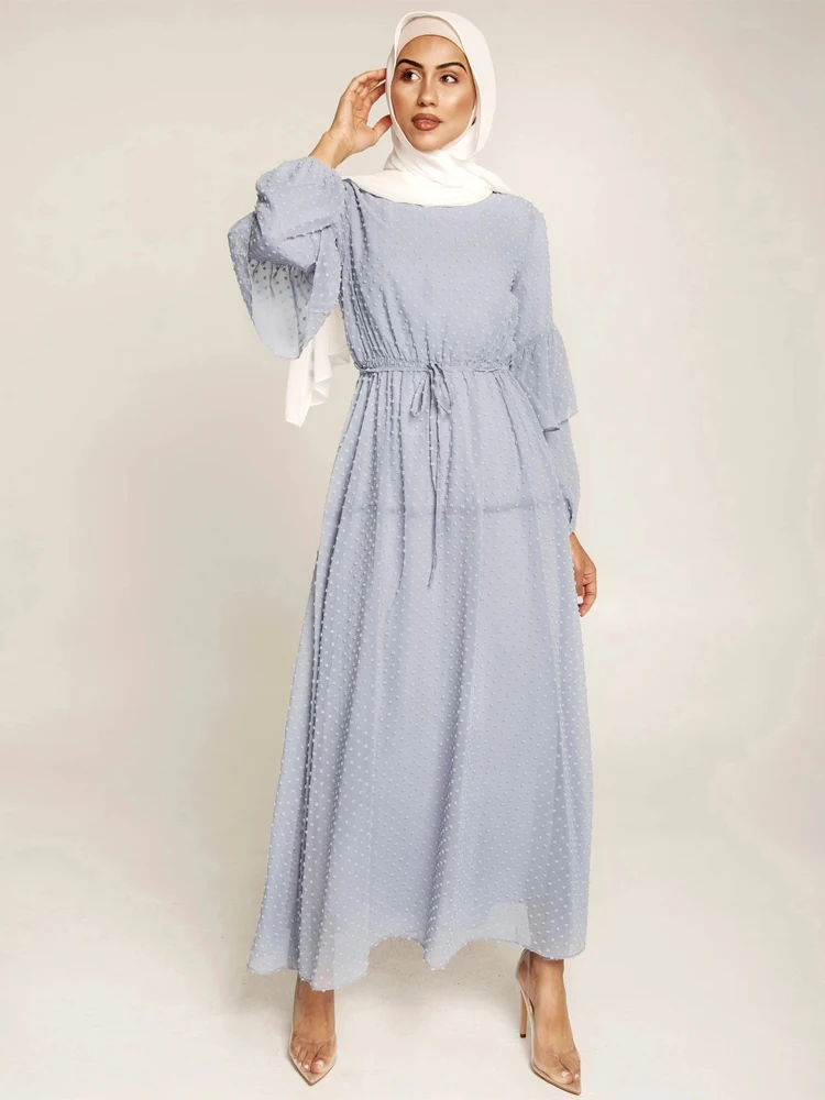 

Spring Pompoms Muslim Dress Women Ruffles Sleeves Dubai Turkish Modest Outfit Islam Clothing Ramadan Eid Abaya Kaftan Hijab Robe