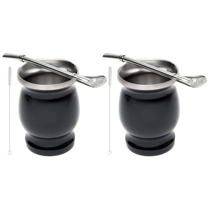 

2X Double-Wall Stainless Yerba Gourd Mate Tea Set Coffee Water Mate Tea Cup With Spoon Straw Bombilla 8Oz