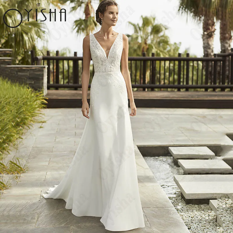 

Oyisha Illusion Back Satin Vestido Novia Bohème V-Neck Sleeveless Appliques Wedding Dress For Women Spaghetti Straps Bride Gowns