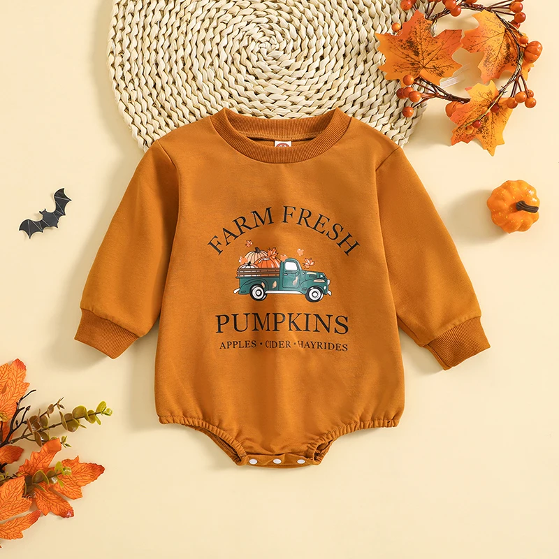 

2023-06-25 Lioraitiin 0-24M Baby Girls Boys Sweatshirts Bodysuit Halloween Clothes Pumpkin Car Letter Print Long Sleeve Jumpsuit