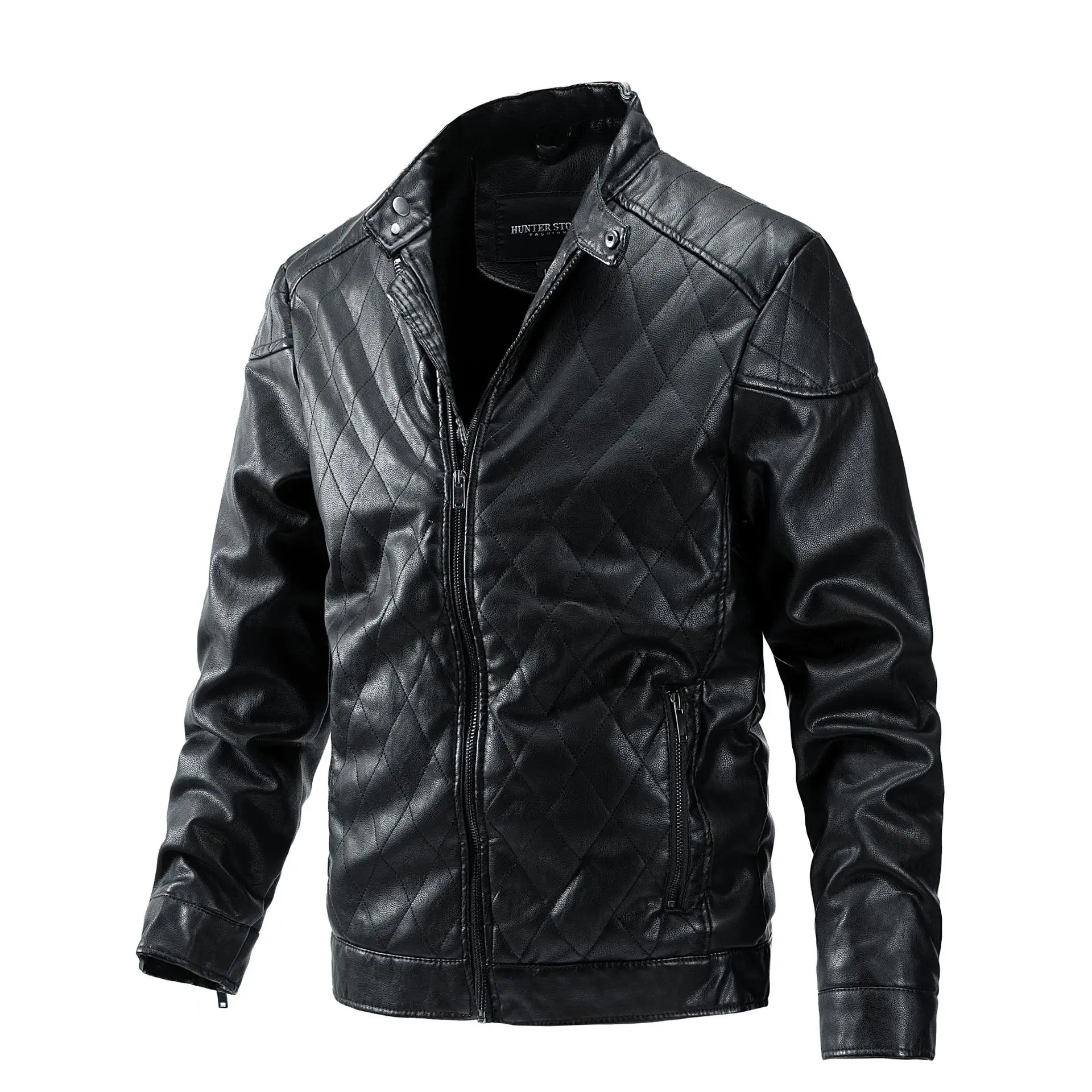 

Men's Jacket Winter New Standing Neck Diamond Plaid Slim Fit PU Leather Fashion Youth Men's Coat