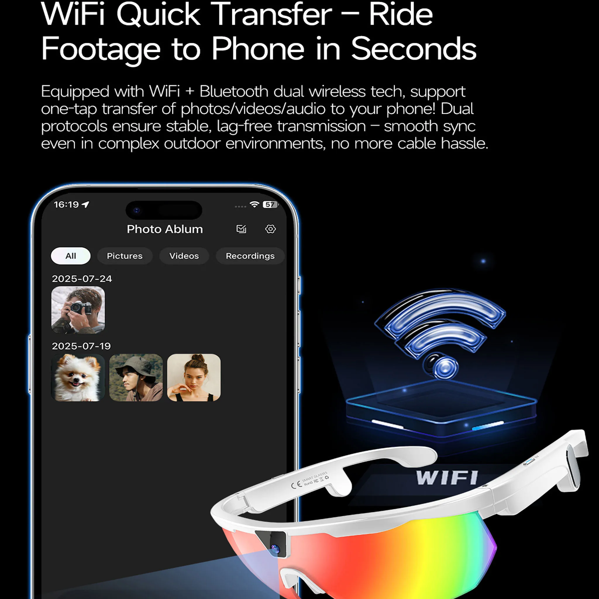 Фото Умные очки Marsyu с HD-видеокамерой, сенсором 8 МП, фото 32 МП, Wi-Fi, Bluetooth, аудио, защитой от сотрясений, двойным микрофоном и шумоподавлением ENC №4