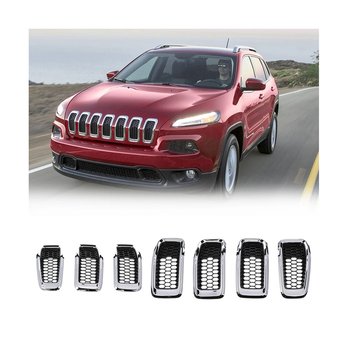 7 шт. сетка для центрального гриля переднего бампера Jeep Cherokee 14-18 (Серебристая)