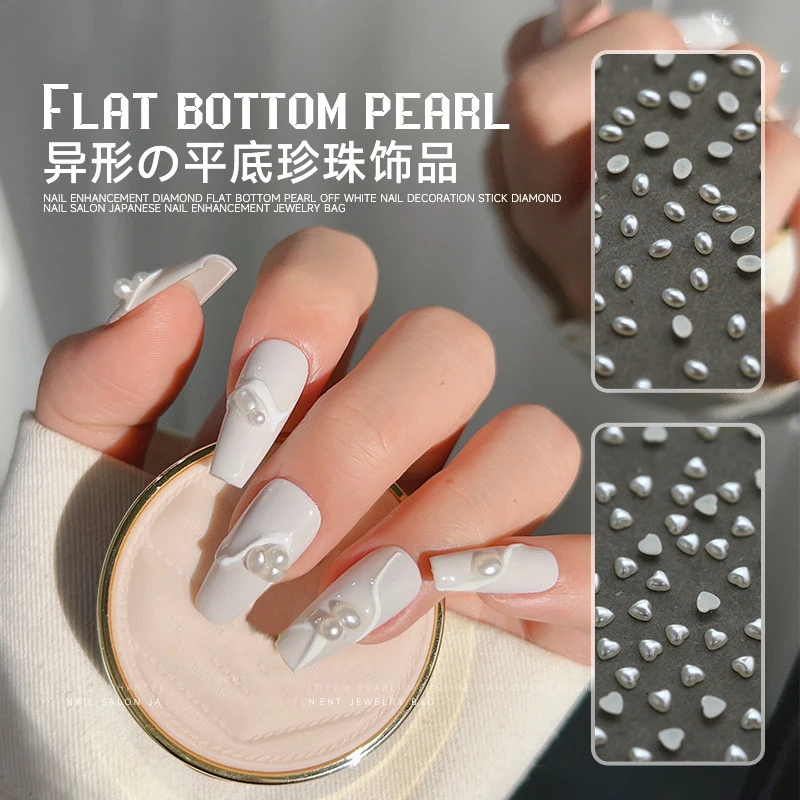 

100Pcs Special Shaped Flat Bottom Pearl Nail Art Decorations Beige Pure White Glossy Heart Moon Manicure Accessories Wholesale