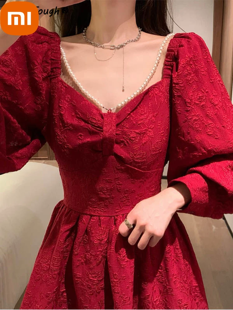 

XIAOMI France Vintage Evening Party Midi Dress Ladies Red Retro Elegant Women Dress Spring Long Sleeve Designer Korean Dress
