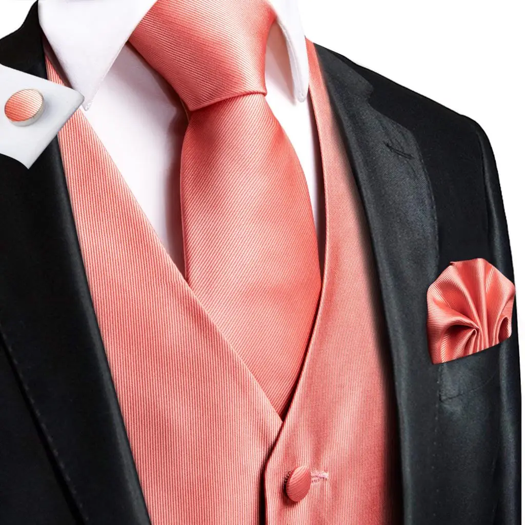 

Hi-Tie Coral Pink Solid Silk Mens Slim Waistcoat Necktie Set For Suit Dress Wedding 4PCS Vest Necktie Hanky Cufflink Set