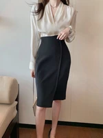 2022two piece shirt long sleeve satin top high waist asymmetric short skirt suit sexy pack hip slit skirt two piece office dress