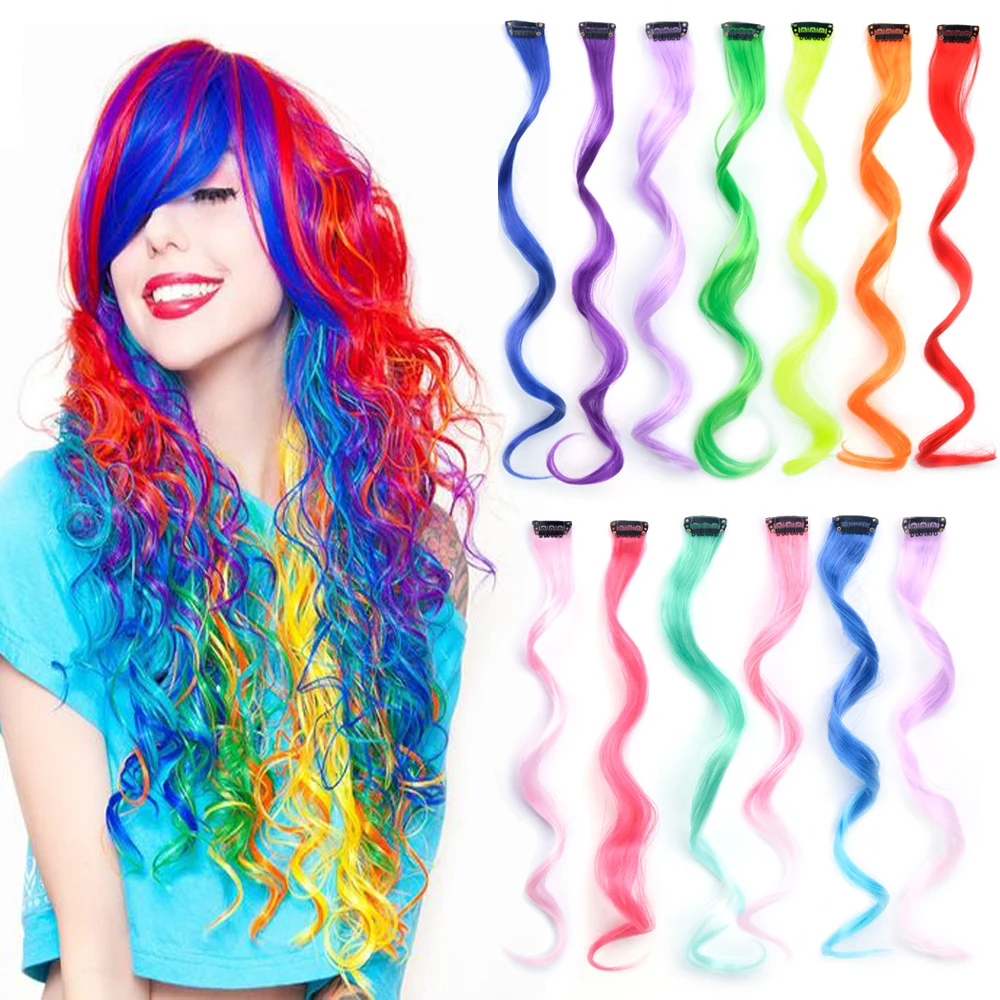 

Rainbow Clips In Hair Extensions Colored Highlight Clips In Hair Synthetic Fake Hair Piece For Kids Curl Clip in Hair One Pieces
