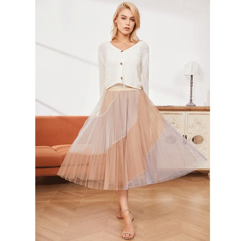 

2022 Summer Fashion Elegant Women's Long Skirt Mesh Pleated Stitching A-line Half Body Elastic Waist Irregular Skirt