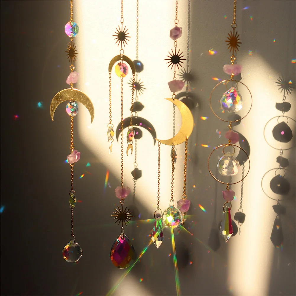 

Crystal Geometric Wind Chime Star Moon Pendant Sun Suncatcher Plated Colorful Beads Hanging Drop Outdoor Indoor Garden Supplies