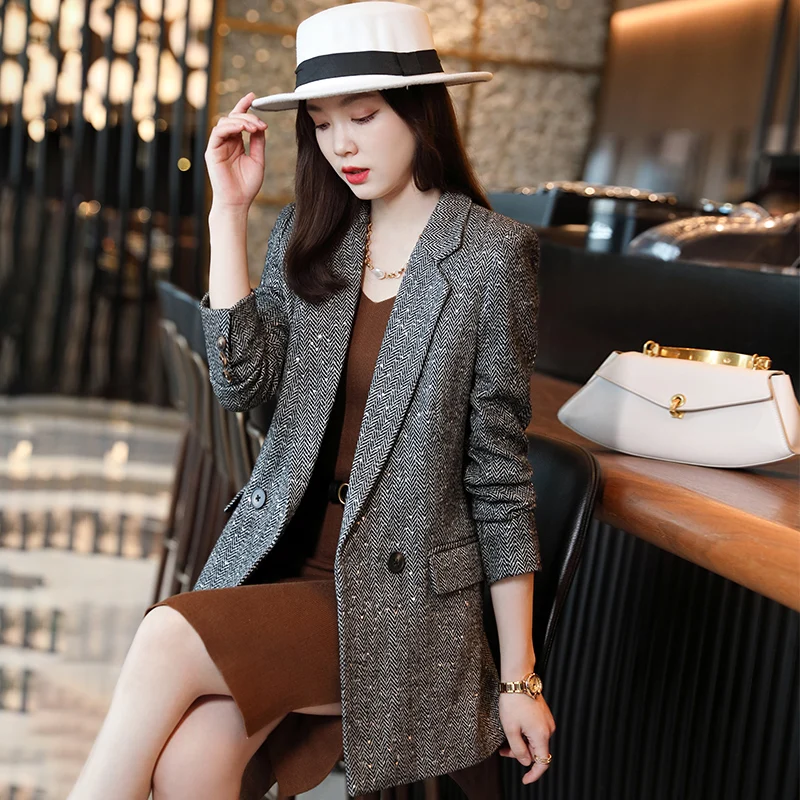 Spot wholesale black hooded suit coat (female) autumn 2022 new small Korean loose casual double breasted suit trendy top