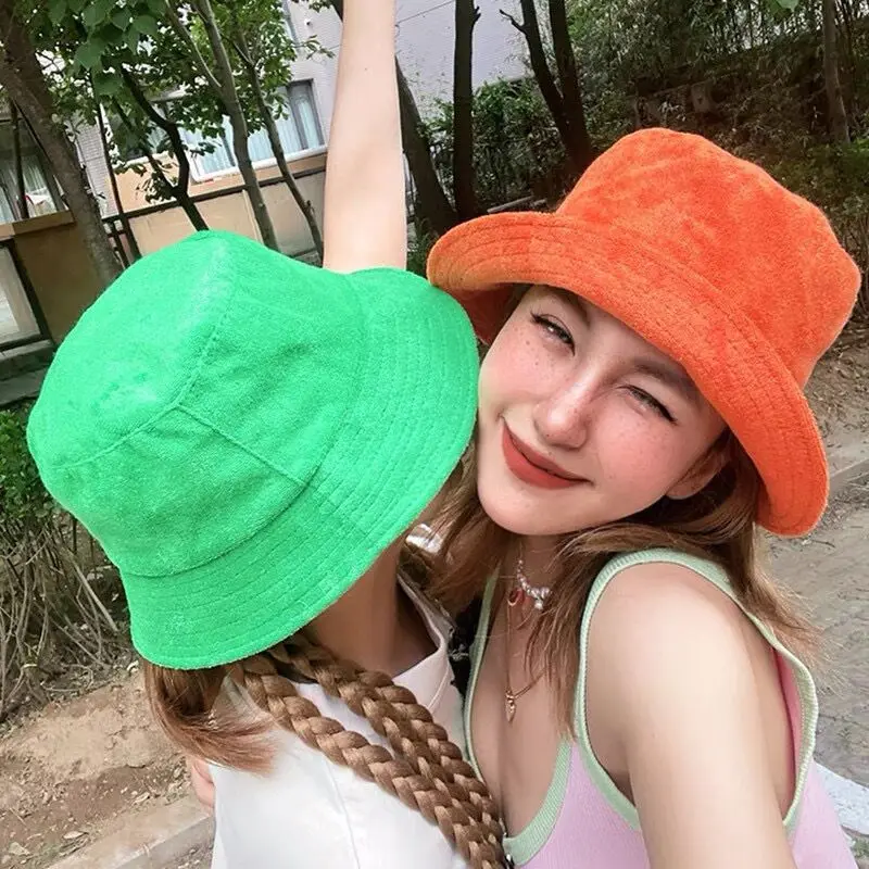 

New Terry Cloth Bucket Hat Women Men Candy Colors Panama Sun Fisherman Hat Towel Casual Travel Wide Brim Beach Fishing Cap