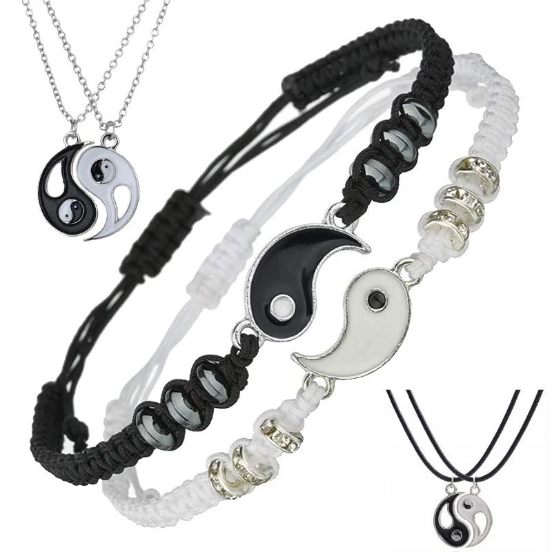 

Handmade Tai Chi Yin Yang Couple Bracelets Alloy Pendant Adjustable Braid Chain Matching Lover Bracelets Necklaces Friendship