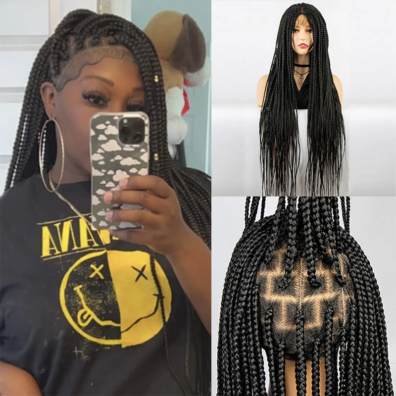 

Full Lace Cornrow Wig Long Natural Braid Transparent Lace Wigs With Baby Hair Hand Braided Box Braid Could make Ponytails