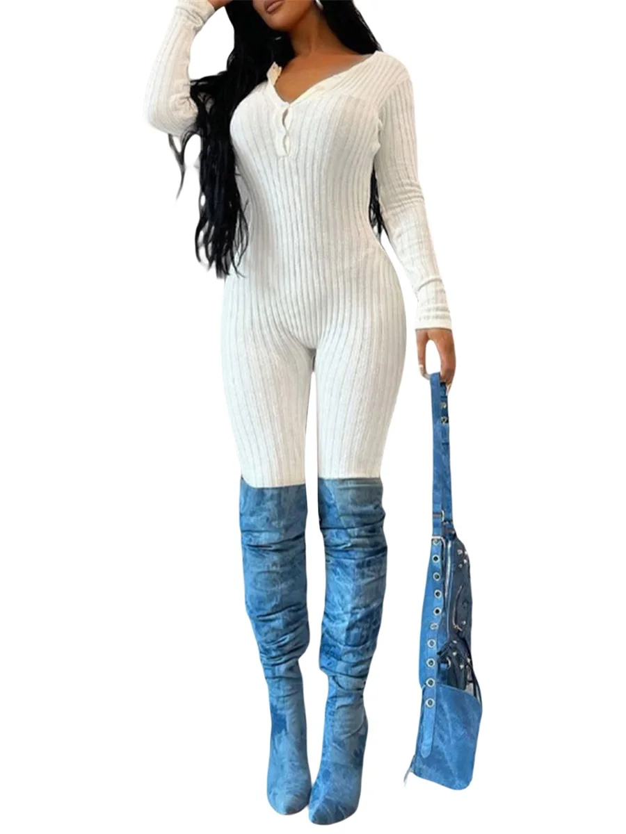 

Women Yoga Jumpsuits Ribbed Knit Slim Romper V Neck Button Down Long Sleeve Bodycon Jumpsuit Fitness Bodysuit