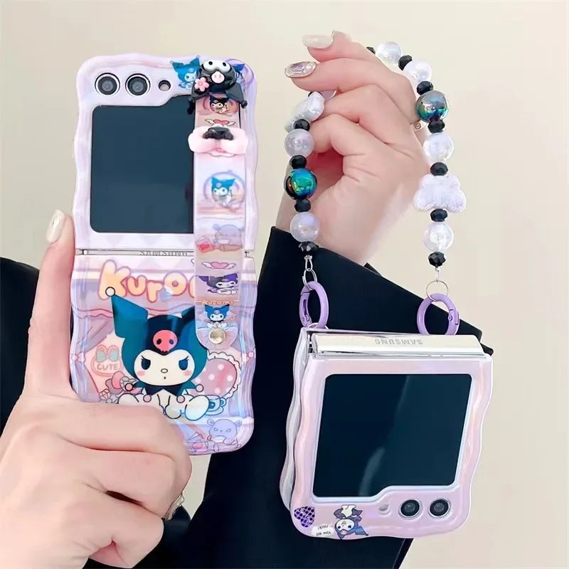 

3D Cute Sanrios Kuromis bracelet with stand Phone Case for Samsung Galaxy Z Flip 3 4 Hard PC Back Cover for Z Flip 5 Case Case