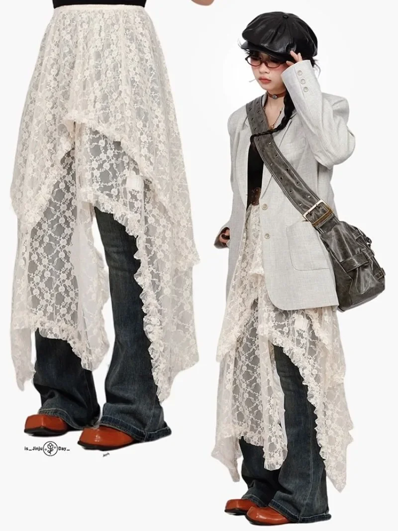 Белая кружевная юбка в стиле Mori нерегулярная Y2K Fairycore весна-лето Prairie Chic