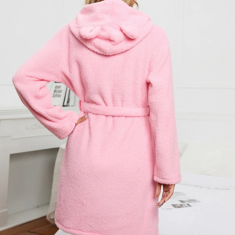 Cute Adults Animal Flannel Bath Robe Sleepwear Women Bathrobe Nightgown Thick Warm Robe Winter Unisex Unicorn Plush Pajamas Pink