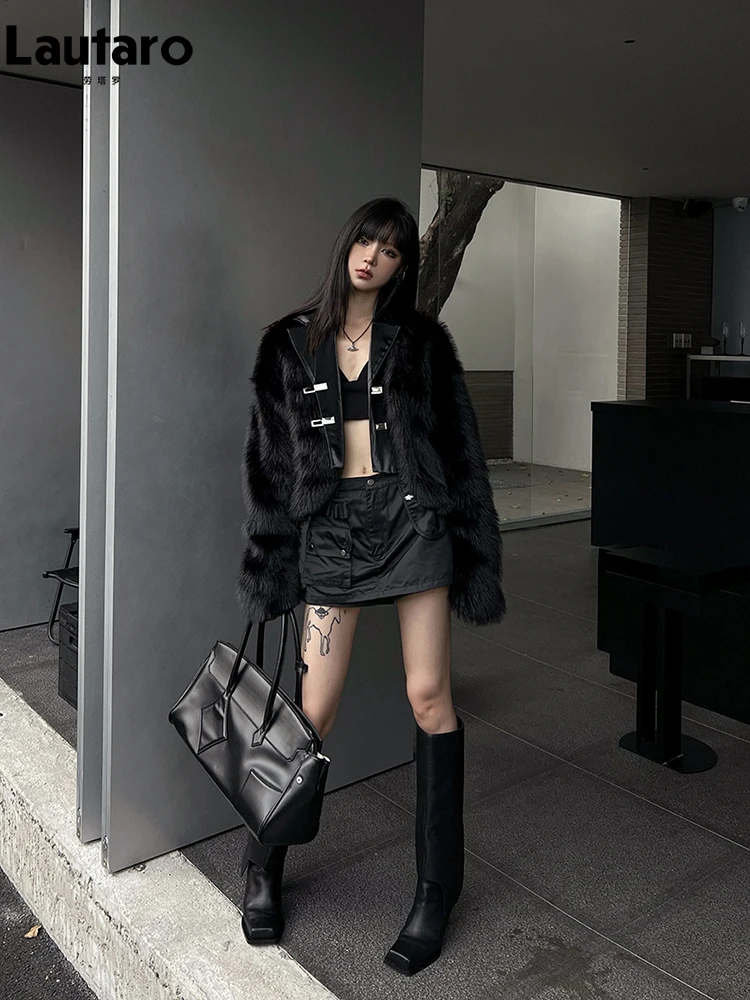 Lautaro зимнее крутое короткое черное пальто из искусственной кожи с пэчворком